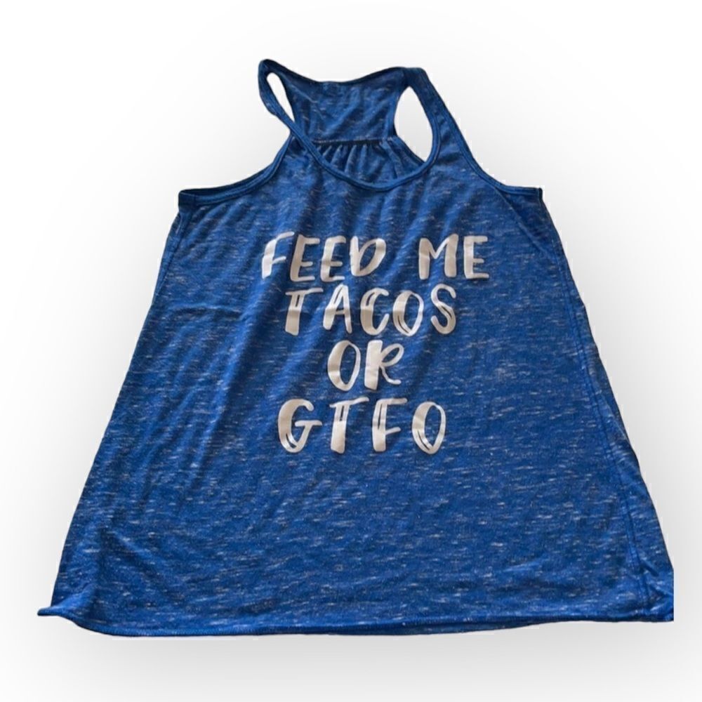 Workout tank top feed me tacos halter blue